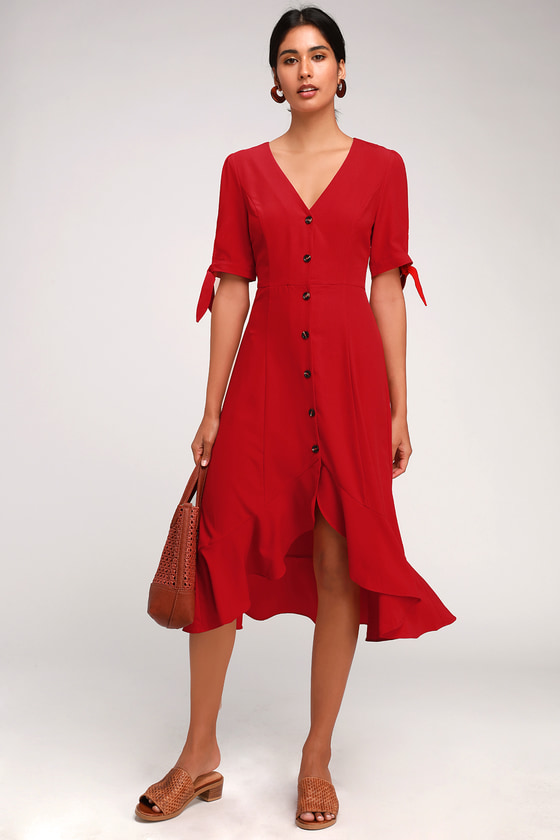 Chic Red Midi Dress - Button Front ...